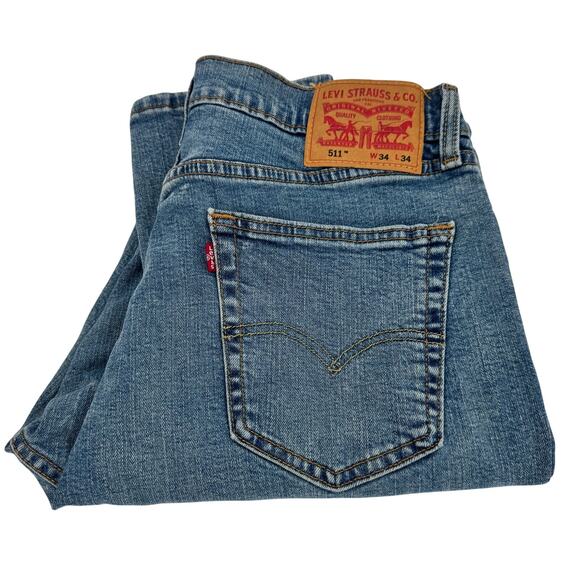 Levi's 511 Jeans Mens 34x34 (33x33 ACTUAL) Slim Fit Blue Denim Faded Wash - Picture 1 of 9